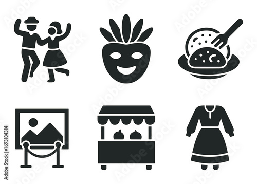 Cultural festival silhouette icon set. featuring dance, mask, food, art, market, traditional dress.