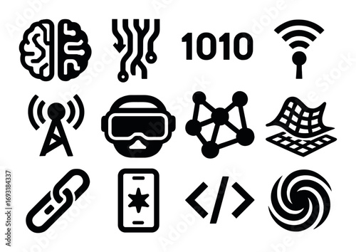 Technology and connectivity silhouette icon set. featuring brain, circuit, code, wireless, vr, network symbols.