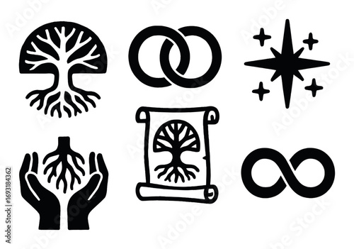 Nature and mysticism silhouette icon set. featuring tree of life, infinity, compass, hands, eternity, and scroll symbols.