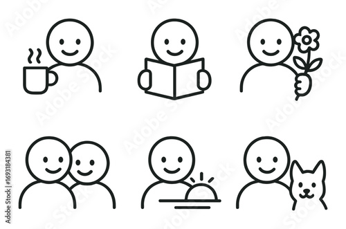 Emotions and activities linear icon set. featuring coffee, book, flower, friends, sunset, and pet symbols.