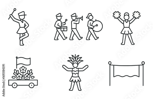 Parade celebration linear icon set. featuring majorette, musicians, cheerleader, float, performer, and banner..