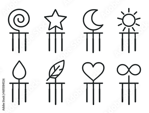 Astrological silhouette icon set. featuring spiral, star, moon, sun, droplet, leaf, heart, infinity symbols.