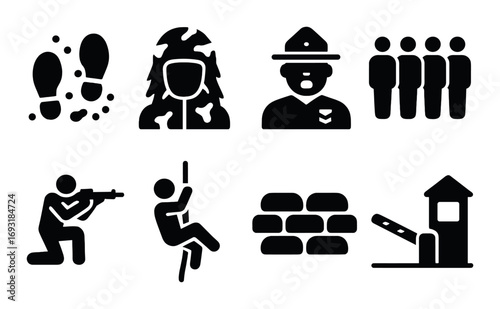Military training silhouette icon set. featuring footprints, soldier, officer, team, shooting, climbing, wall, checkpoint.