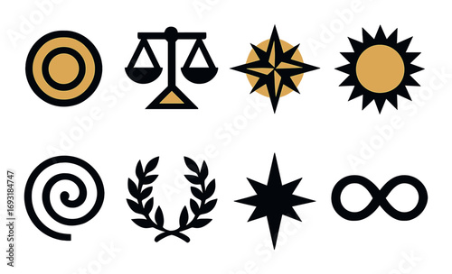 Abstract symbols silhouette icon set. featuring target, scales, compass, sun, spiral, laurel, star, infinity.