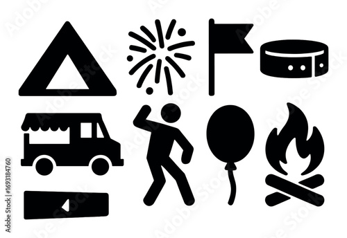 Camping and celebration silhouette icon set. featuring tent, fireworks, flag, campfire, party, and balloon symbols.