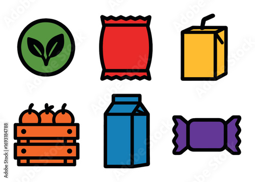 Food packaging silhouette icon set. featuring leaves, chips, juice, fruit crate, milk carton, and candy wrapper symbols.