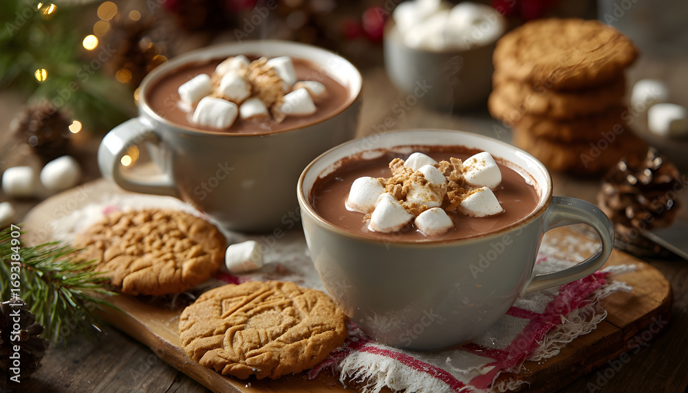 Fototapeta premium Cozy hot chocolate cups with marshmallows and cookies on table