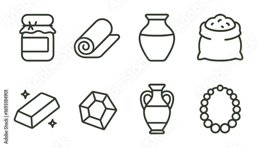 Ancient trade goods linear icon set. featuring pottery, jewelry, fabric, spices, and gold symbols.