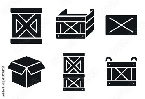 Container silhouette icons set. featuring open box, closed crate, cargo platform, wooden box.