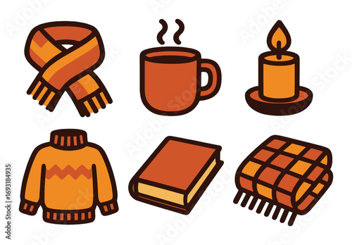 Cozy autumn flat icon set. featuring scarf, mug, candle, sweater, book, and blanket symbols.