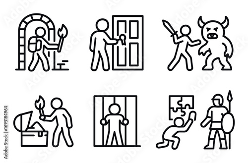 Dungeon adventure linear icons set. featuring explorer, door, monster, treasure, prisoner, puzzle, warrior.
