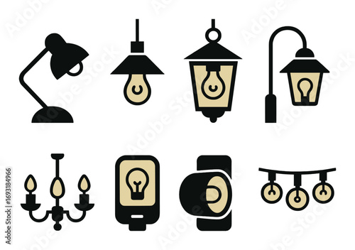 Lighting fixtures silhouette icon set. featuring lamp, bulb, lantern, chandelier, wall light, string lights.