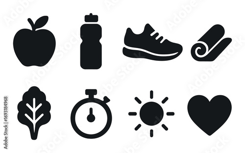 Healthy lifestyle silhouette icon set. featuring apple, bottle, sneakers, mat, leaf, stopwatch, sun, heart symbols.
