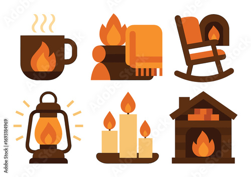 Cozy fall flat icon set. featuring mug, fireplace, rocking chair, lantern, candle, and cabin symbols.