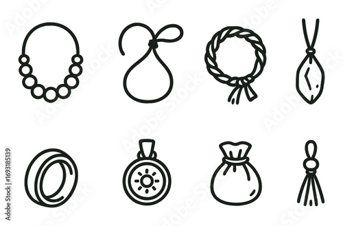 Jewelry accessories linear icon set. featuring necklace, pouch, wreath, pendant, ring, brooch, tassel symbols.