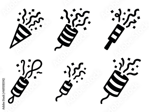 Celebration silhouette icon set. featuring confetti, popper, streamer, fireworks, and party symbols.