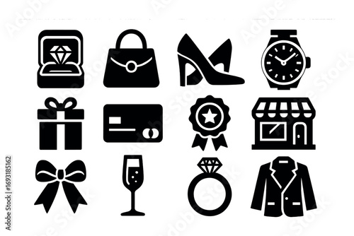 Shopping and jewelry silhouette icon set: ring, bag, shoes, watch, gift, card, badge, store, bow, glass, suit.
