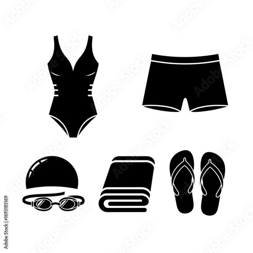 Collection of black silhouette icons representing swimming gear, including a swimsuit, shorts, cap, goggles, towel, and flipflops
