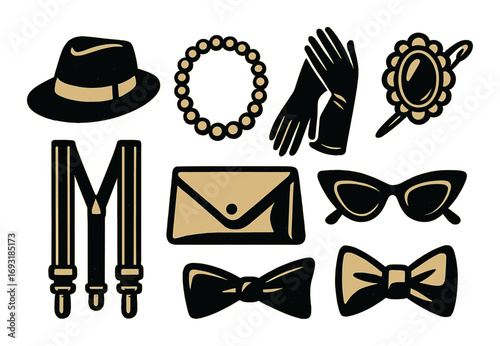 Fashion accessories silhouette icon set. featuring hat, gloves, sunglasses, purse, bow tie, and mirror.