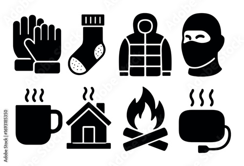 Winter essentials silhouette icon set. featuring gloves, socks, jacket, mask, mug, cabin, campfire, and kettle.