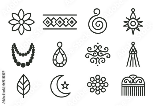 Bohemian style linear icon set. featuring flower, pattern, swirl, sun, necklace, earring, ornament, tassel, leaf, moon, star, mandala, comb designs.