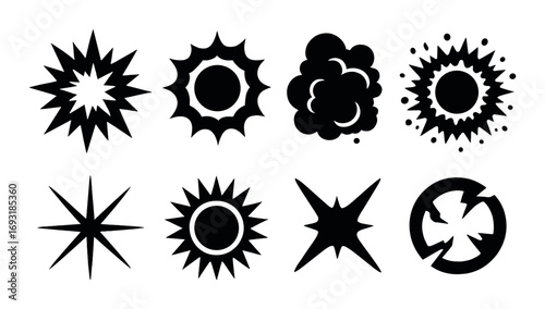 Explosion silhouette icon set. featuring blast, burst, cloud, debris, energy, and impact symbols.