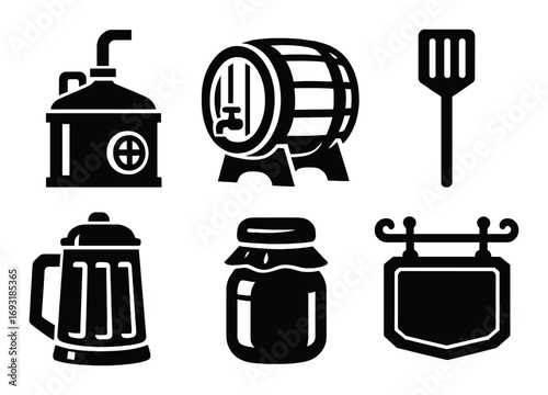 Brewery silhouette icon set. featuring distiller, barrel, spatula, beer mug, jam jar, sign.
