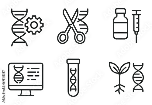 Genetic science linear icon set. featuring dna, gear, scissors, vial, syringe, monitor, test tube, seedling symbols.