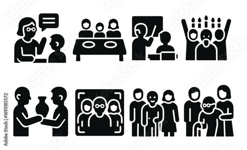 Community activities silhouette icon set. featuring conversation, meeting, presentation, celebration, and family.