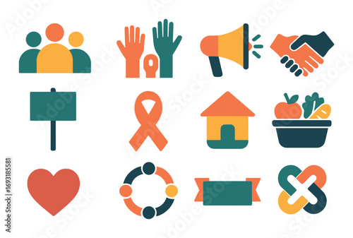 Community support flat icons set. featuring people, volunteer, megaphone, handshake, ribbon, house, food, heart..