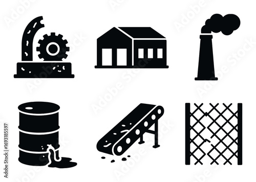 Industrial elements silhouette icon set. featuring factory, gears, pipe, drum, conveyor, fence.