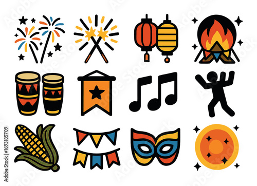 Festival celebration silhouette icon set. featuring fireworks, lanterns, campfire, music notes, corn, mask.