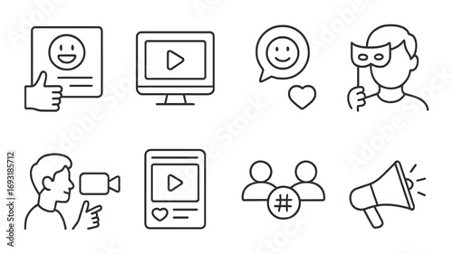 Social media linear icon set. featuring like, video, comment, mask, camera, hashtag, and megaphone symbols.