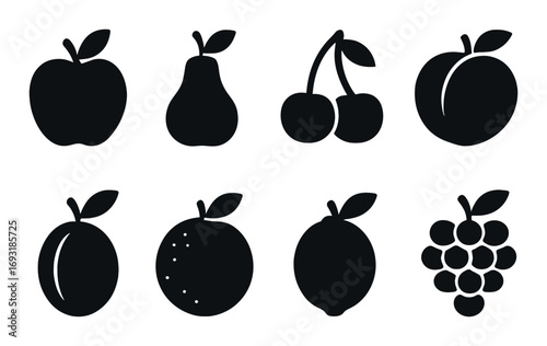 Fruits silhouette icons set. featuring apple, pear, cherry, peach, plum, orange, lemon, and grape symbols.