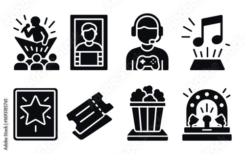 Entertainment silhouette icon set. featuring concert, movie, streaming, gaming, music, and tickets symbols.