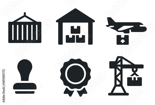 Logistics and shipping silhouette icon set. featuring warehouse, aircraft, container, crane, badge, and stamp icons.