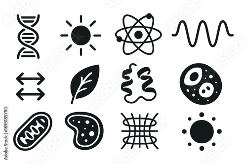 Science silhouette icon set. featuring dna, sun, atom, wave, arrows, leaf, protein, cell, mitochondria, molecule, network, particle.