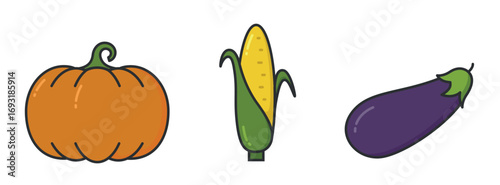 Cartoon-style illustration of three vegetables: an orange pumpkin with a green stem, a yellow ear of corn with green husks, and a purple eggplant with a green calyx.