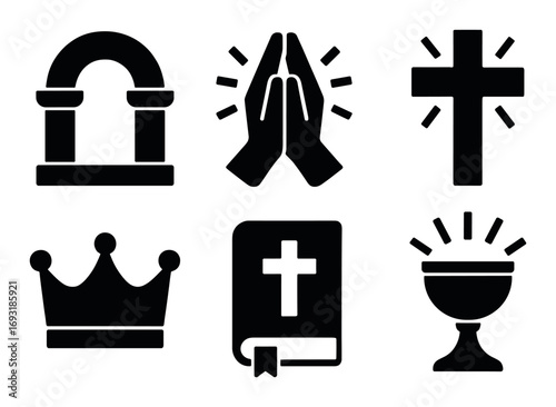 Christian symbols silhouette icon set. featuring altar, praying hands, cross, crown, bible, chalice..