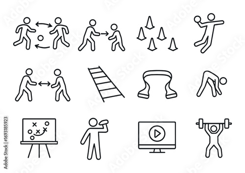 Sports activities silhouette icon set. featuring soccer, running, cones, basketball, stretching, and training symbols.