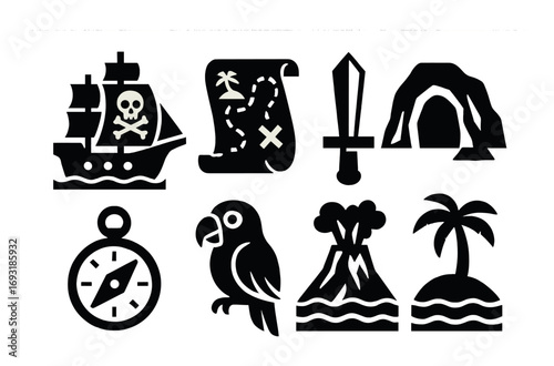 Pirate adventure silhouette icon set. featuring ship, map, sword, cave, compass, parrot, volcano, island.