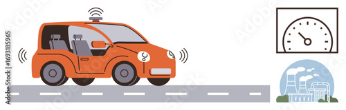 Autonomous vehicle with sensors driving on a road, speedometer indicating control, and a factory setup in the distance. Ideal for technology, automation, innovation, urban mobility, energy