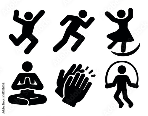 Fitness activities silhouette icons set. featuring jump, run, dance, yoga, clap, and skip rope.