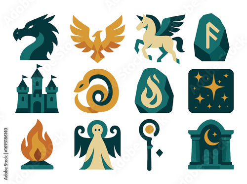 Fantasy elements flat icon set. featuring dragon, phoenix, unicorn, rune, castle, serpent, flame, stars.