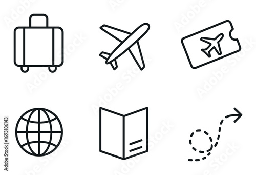 Travel silhouette icon set. featuring suitcase, airplane, ticket, globe, map, and route symbols.