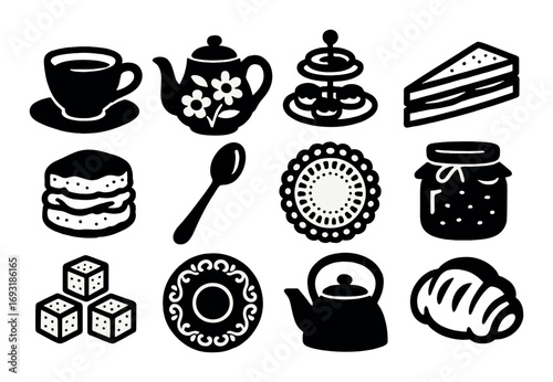 Tea time silhouette icon set. featuring teapot, teacup, cake, cookies, spoon, jar, bread, sugar, and plate symbols.