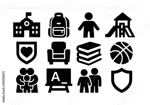 Family and school silhouette icon set. featuring school, backpack, student, playground, and more.