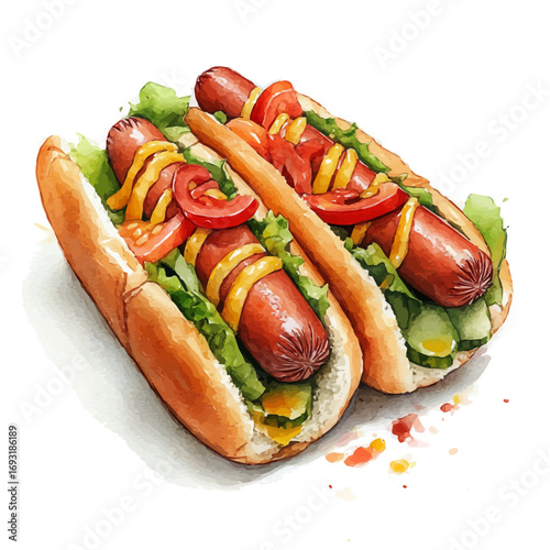Hot Dog, watercolor vector, isolated on a white background.