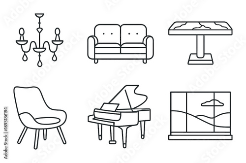 Home decor linear icon set. featuring chandelier, sofa, table, chair, piano, window symbols.