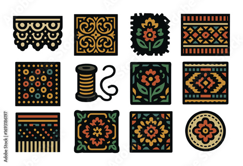 Geometric pattern silhouette icon set. featuring lace, floral, spool, mosaic, and textile symbols.